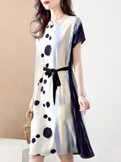 Authentic white-collar brother new 2024 summer new round neck printed splicing chiffon mid-length dress for women