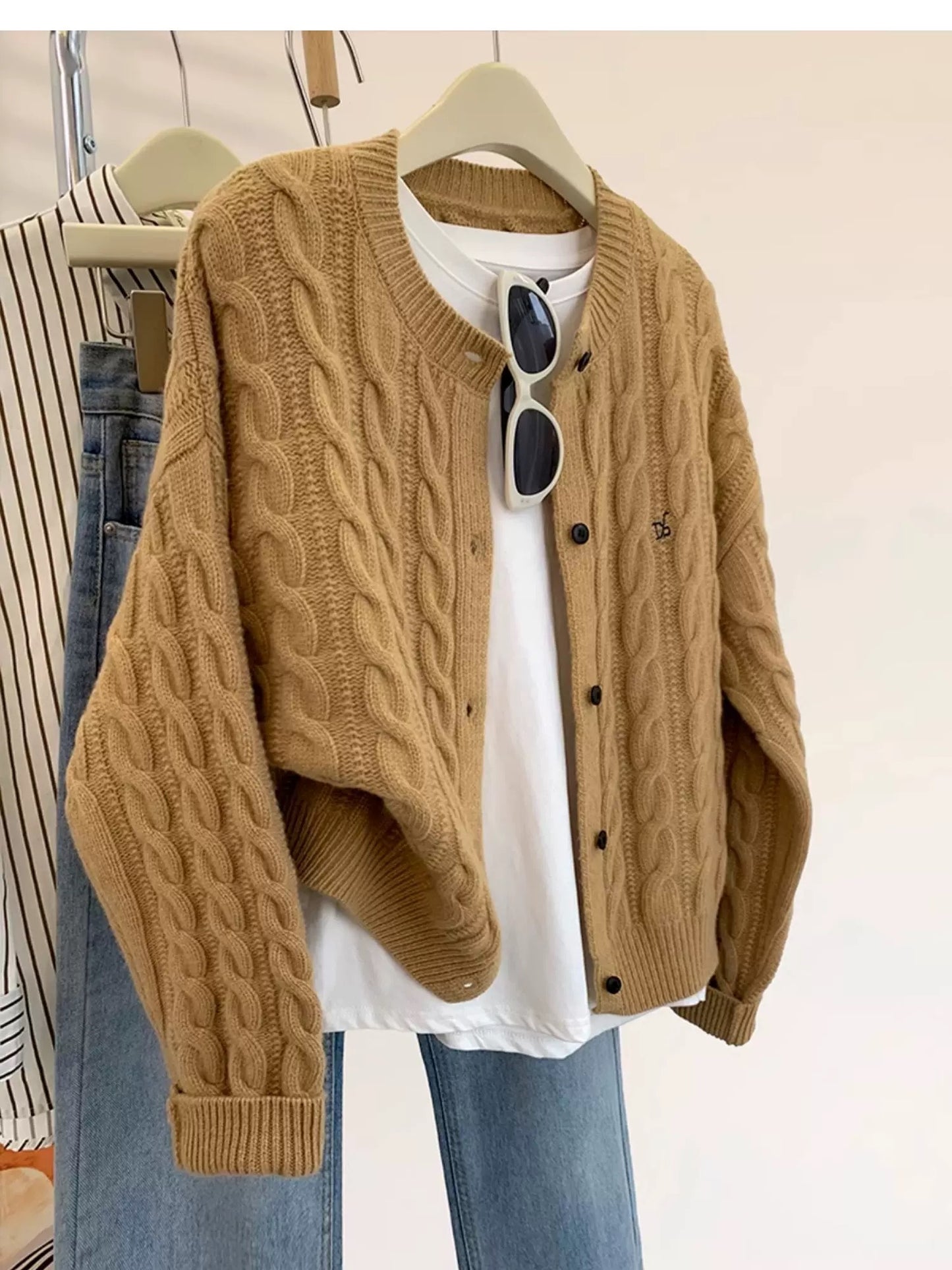 Maillard Twist Embroidery Wool Knitted Cardigan Women Autumn Winter 2025 New Lazy Style Short Sweater Jacket