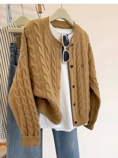 Maillard Twist Embroidery Wool Knitted Cardigan Women Autumn Winter 2025 New Lazy Style Short Sweater Jacket