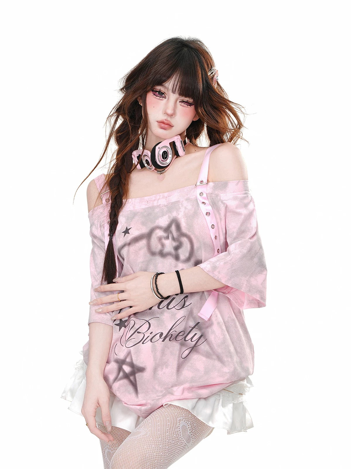 Kellykitty Shanying Mandao One-shoulder off-shoulder short-sleeved suspender T-shirt female summer loose sweet slim top