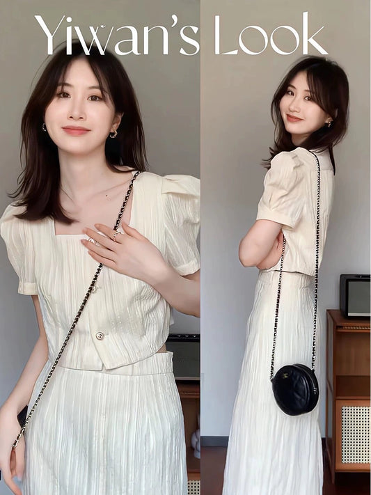 KUAN JI summer French style two-piece suit skirt Korean drama heroine light luxury high-end female