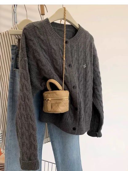 Maillard Twist Embroidery Wool Knitted Cardigan Women Autumn Winter 2025 New Lazy Style Short Sweater Jacket