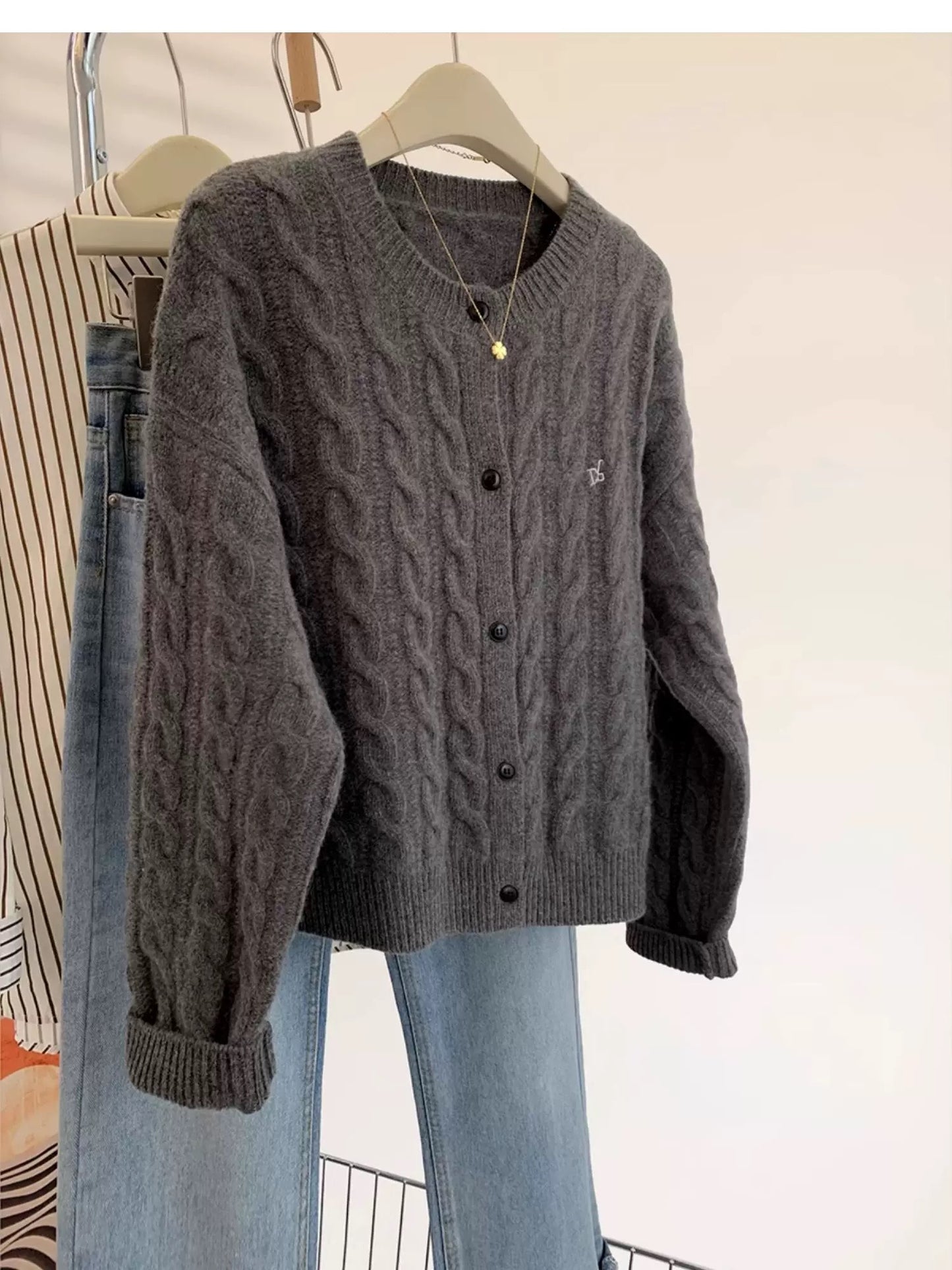 Maillard Twist Embroidery Wool Knitted Cardigan Women Autumn Winter 2025 New Lazy Style Short Sweater Jacket