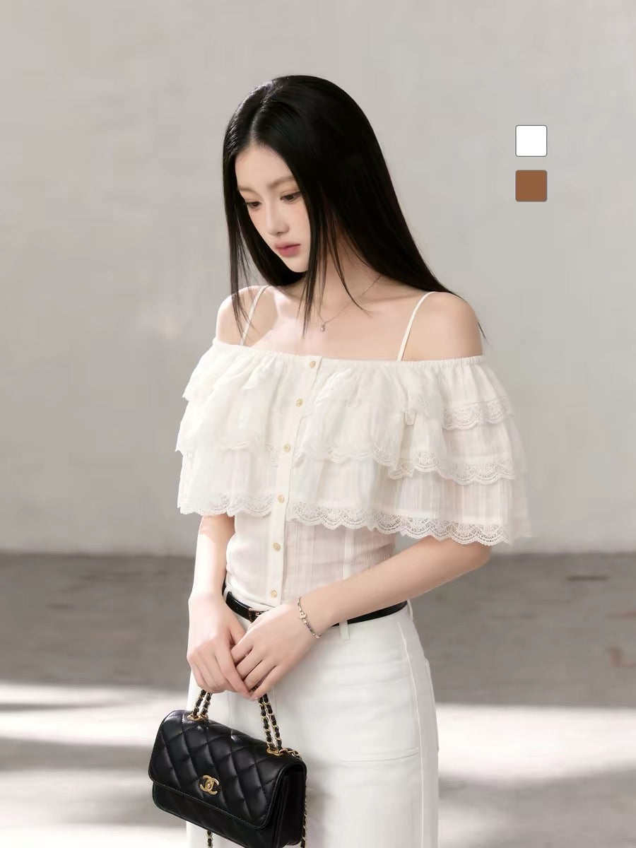 "Cheese Egg Tart" 2026 Summer New Sweet and Temperament Lace Waist-cinching Off-Shoulder Top for Women