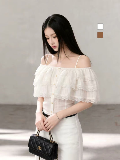 "Cheese Egg Tart" 2026 Summer New Sweet and Temperament Lace Waist-cinching Off-Shoulder Top for Women