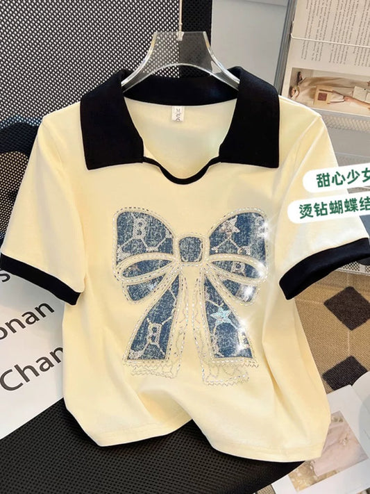 Clearance sale~ Withdrawal of foreign trade Summer contrast color Polo collar short-sleeved T-shirt women's heavy bow hot diamond top trend