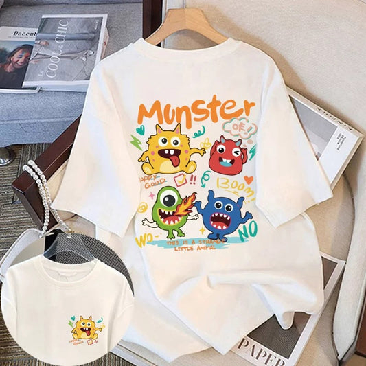 White cartoon round neck short-sleeved t-shirt for women summer 2024 new large size t-shirt loose slimming mid-length top