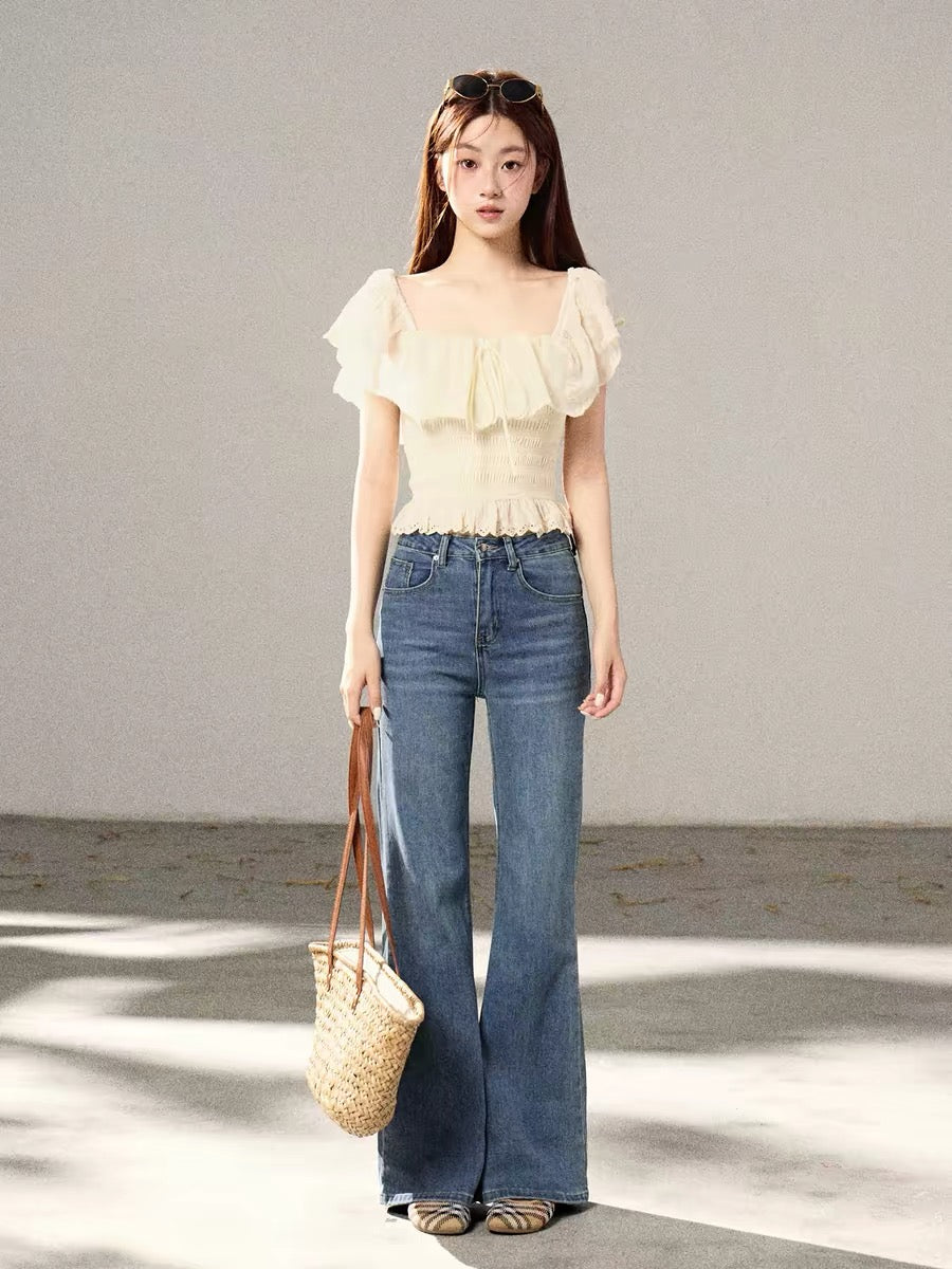Chaiyu's sophisticated and elegant off-shoulder ruffled chiffon top is perfect for summer, showcasing a slimming silhouette.