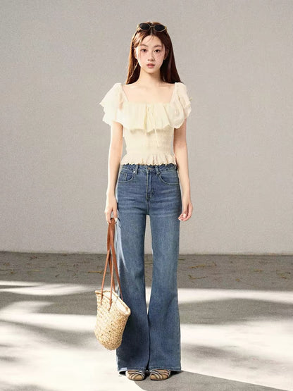 Chaiyu's sophisticated and elegant off-shoulder ruffled chiffon top is perfect for summer, showcasing a slimming silhouette.