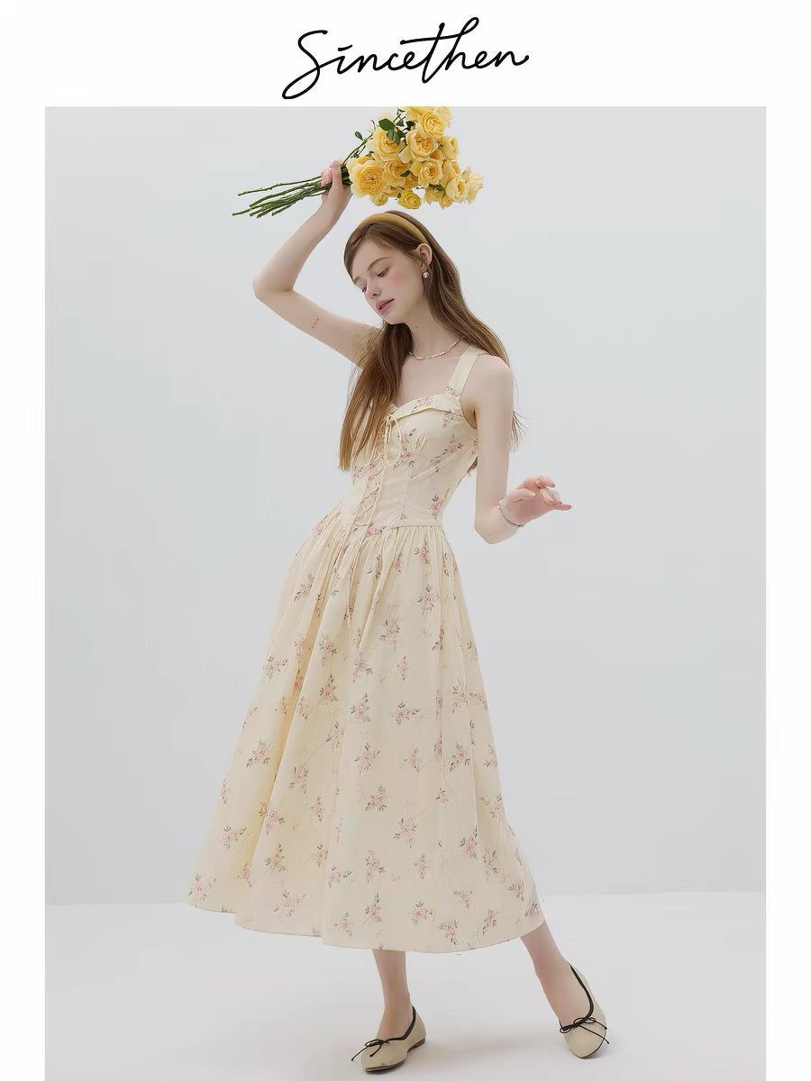Sincethen French retro style floral print sundress, elegant long dress, apricot color, women's summer dress