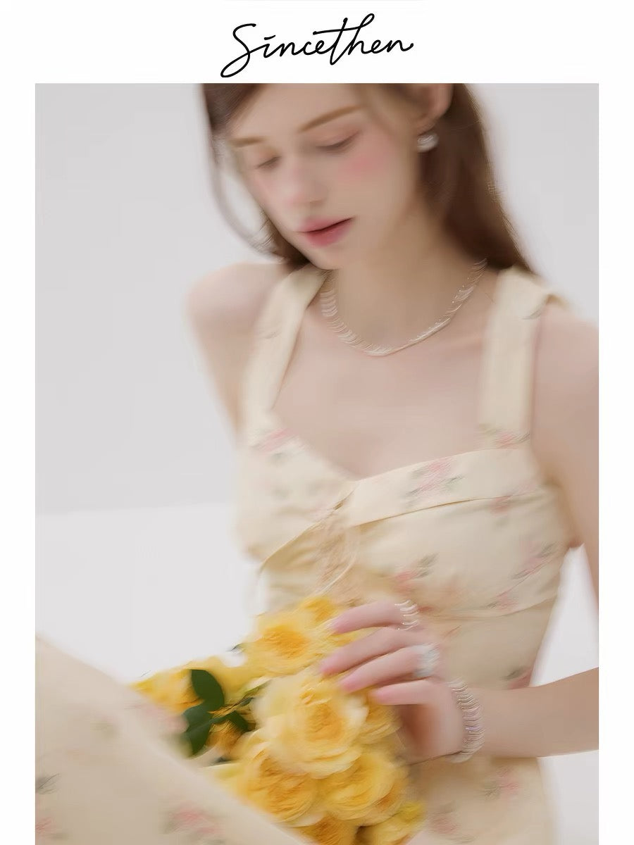 Sincethen French retro style floral print sundress, elegant long dress, apricot color, women's summer dress