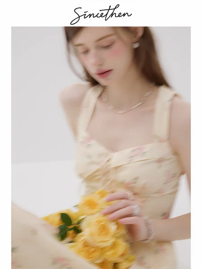 Sincethen French retro style floral print sundress, elegant long dress, apricot color, women's summer dress