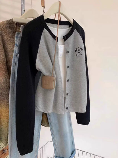Gray puppy shoulder outer wear sweater jacket women autumn and winter 2025 new European goods small size wool knitted cardigan