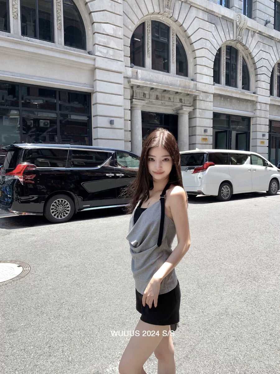 Wuuus [Unconventional Street] Swing Collar Fake Two-Piece Adjustable Halter Vest Female Hot Girls Sleeveless Top Wear Outside