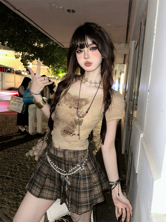 KellyKitty Su Li Fallen Leaves Straight Shoulder Short Sleeves Slightly Transparent Hottie T-shirt Women's Summer Slim Fit Short Tops