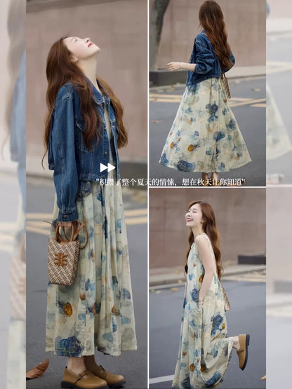 Wear a denim jacket and suspender skirt suit in early spring. Large size high-end sleeveless oil painting vest dress