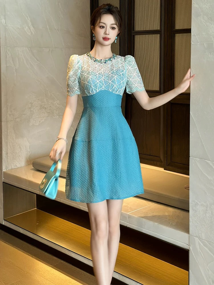 European station a-line dress for women summer 2024 new style waist slimming dignified and elegant small light luxury short skirt