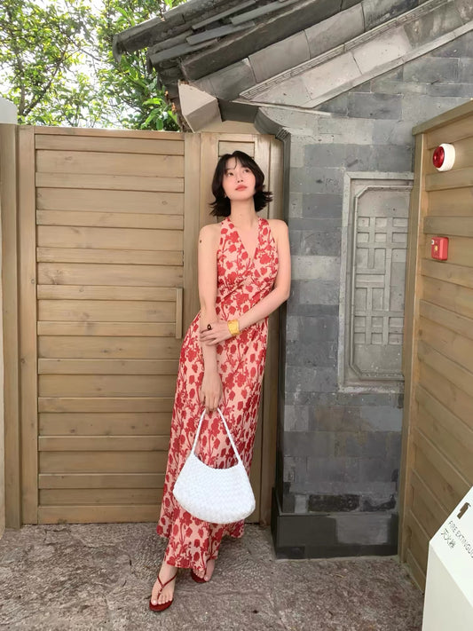 Homemade by Jiuwu: [Candied Rose] French Retro Summer Floral Print Halter Neck V-Neck Long Dress Vacation Dress