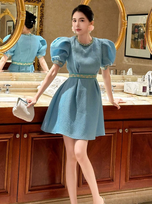 European station puff sleeve dress summer women's blue high-end light luxury French temperament birthday dress short skirt