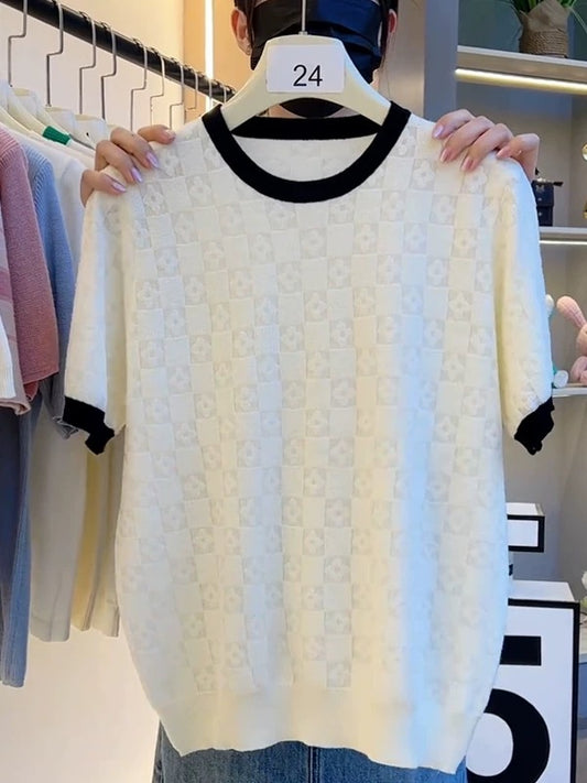 High-grade ice silk knit sweater for women 2025 new unique summer women's short-sleeved T-shirt thin bottoming top nó