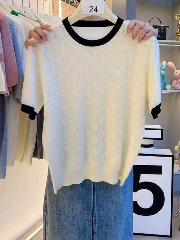 High-grade ice silk knit sweater for women 2025 new unique summer women's short-sleeved T-shirt thin bottoming top nó