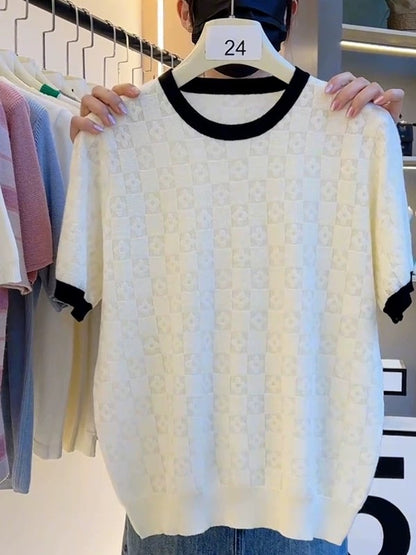 High-grade ice silk knit sweater for women 2025 new unique summer women's short-sleeved T-shirt thin bottoming top nó