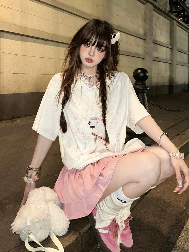 Kellykitty sweet puppy slightly transparent V-neck lace short-sleeved T-shirt female summer loose slim sweet top