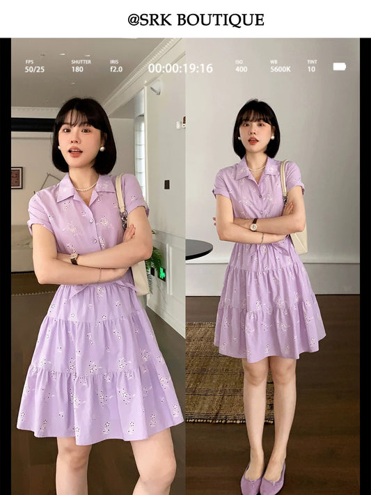 SRK French Embroidered Dress: Gentle V-neck, elegant, high-waisted, slimming A-line casual short shirt dress.