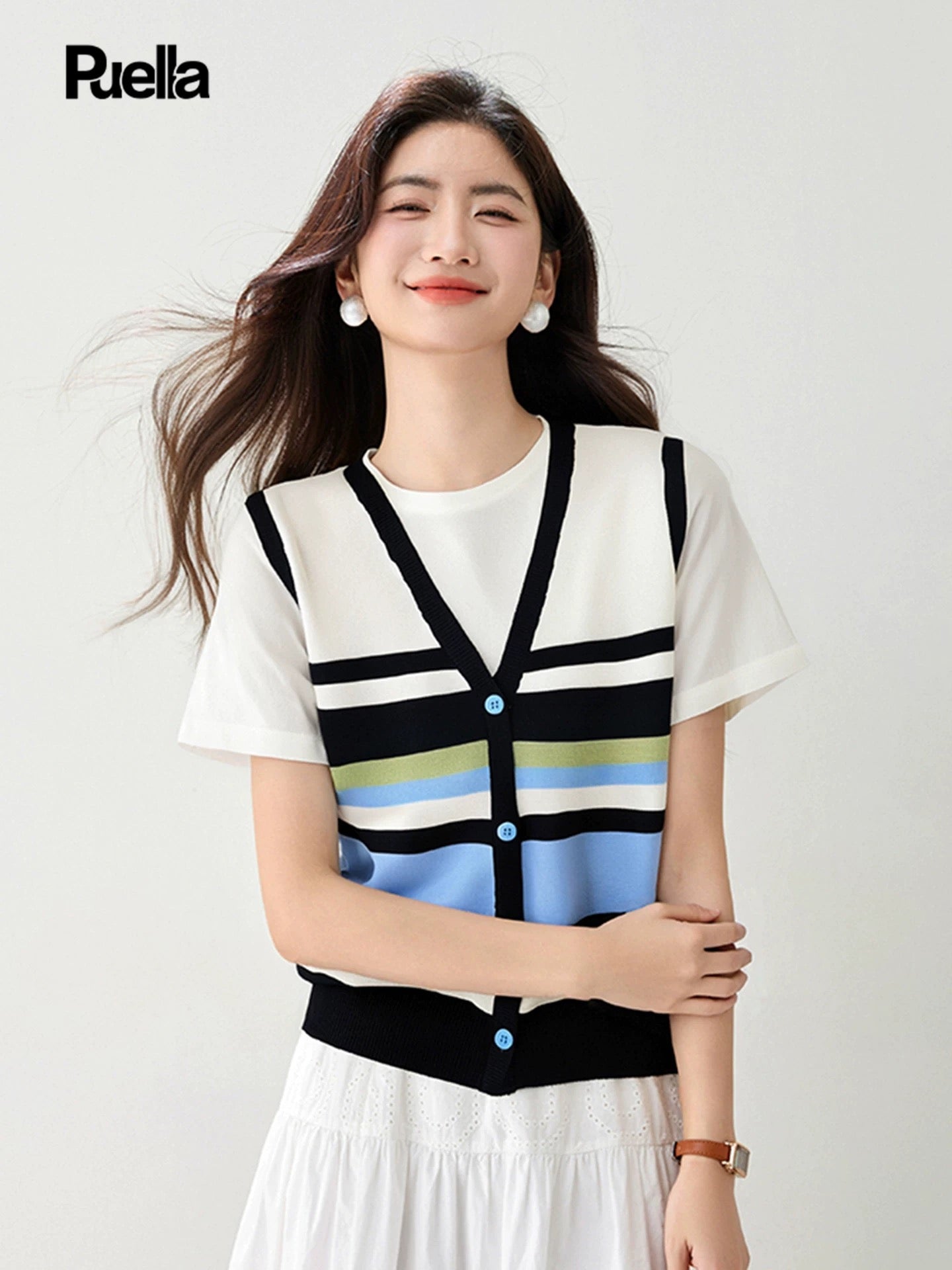 La Chapelle Puella design niche high-end fake two-piece tops for women lazy style versatile short-sleeved T-shirt
