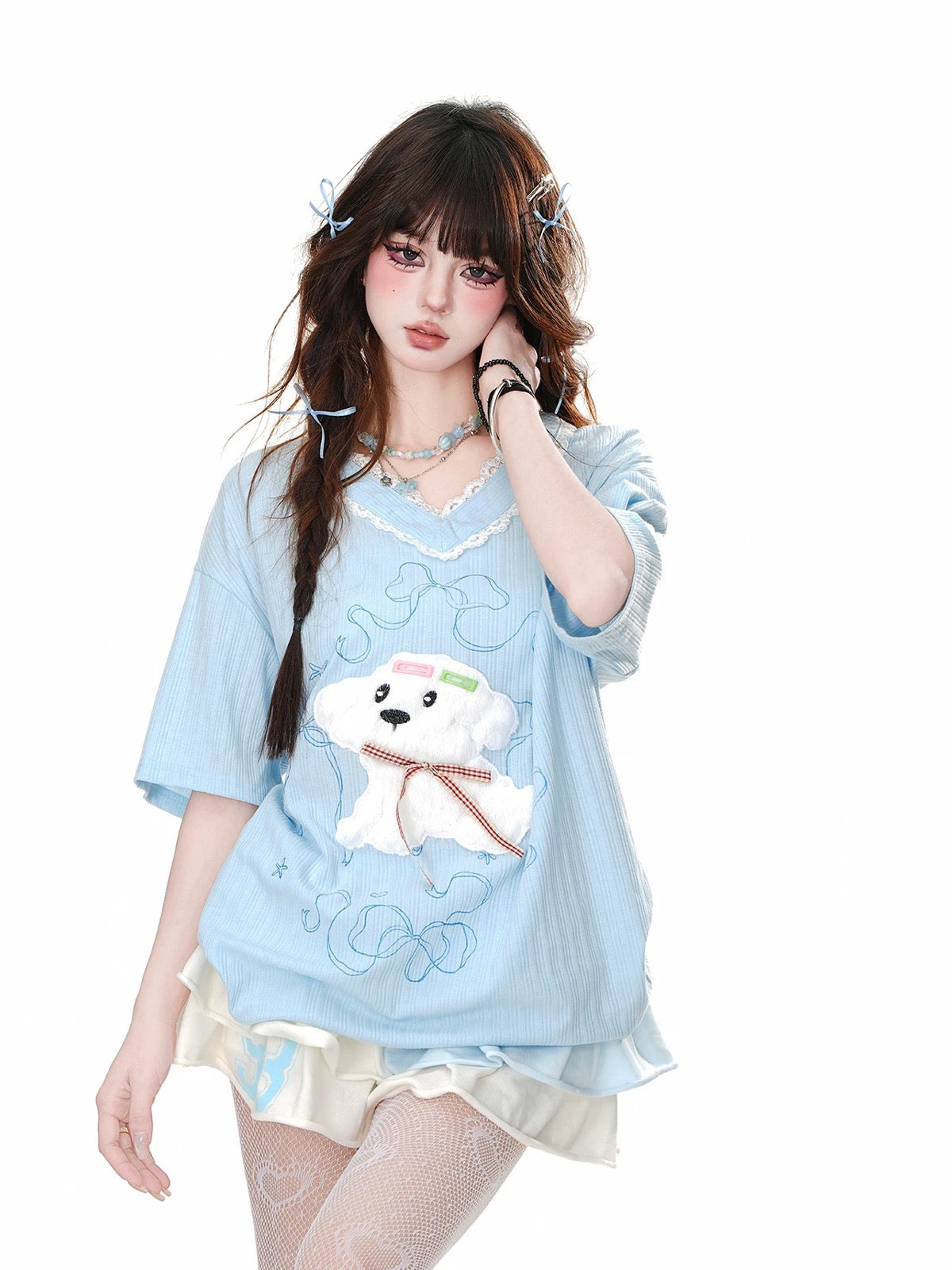 Kellykitty sweet puppy slightly transparent V-neck lace short-sleeved T-shirt female summer loose slim sweet top