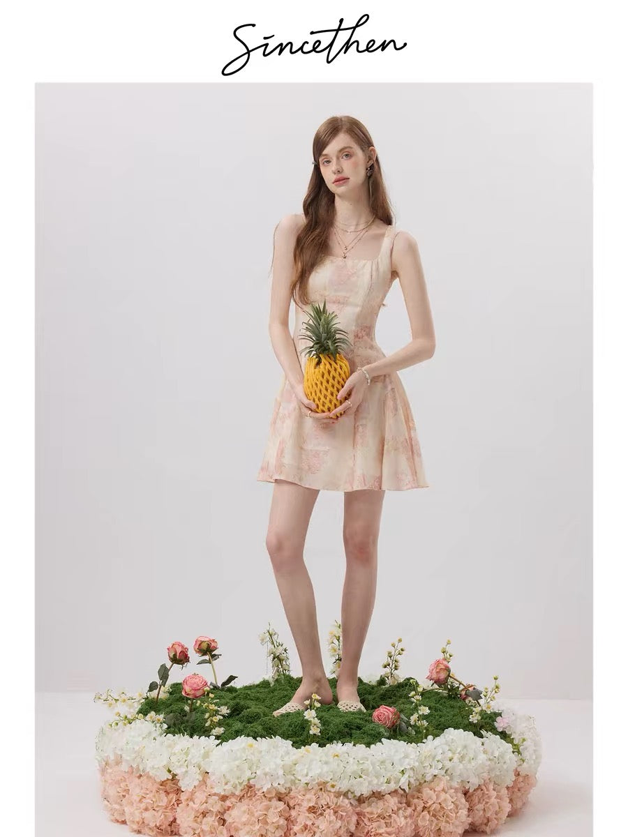 sincethen resort style high-waisted sundress French mini skirt short floral dress women's summer