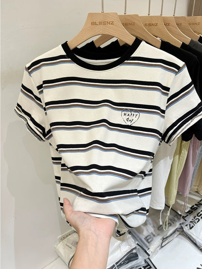 Black and white striped love embroidered right shoulder short-sleeved T-shirt for women summer loose T-shirt European goods 2024 new style
