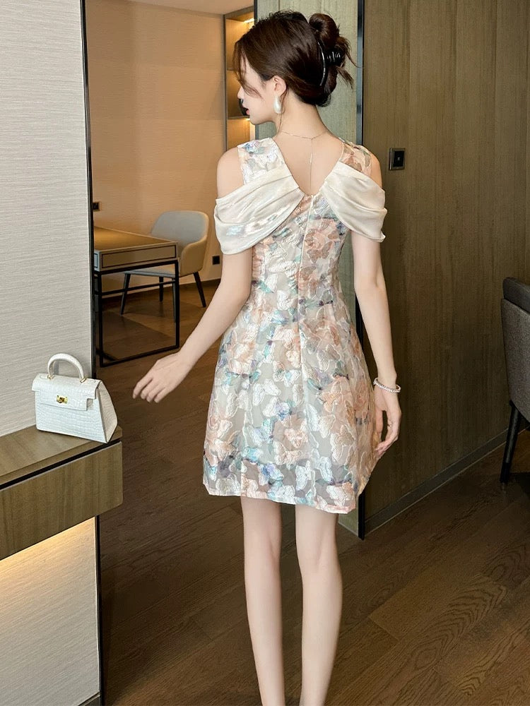 European station v-neck off-the-shoulder dress women's summer high-end birthday dress banquet temperament waist a-line skirt