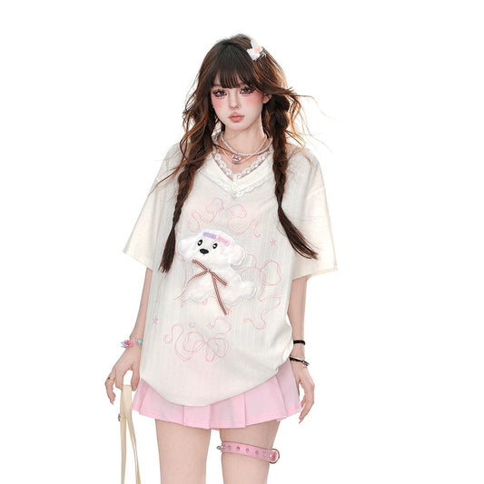 Kellykitty sweet puppy slightly transparent V-neck lace short-sleeved T-shirt female summer loose slim sweet top