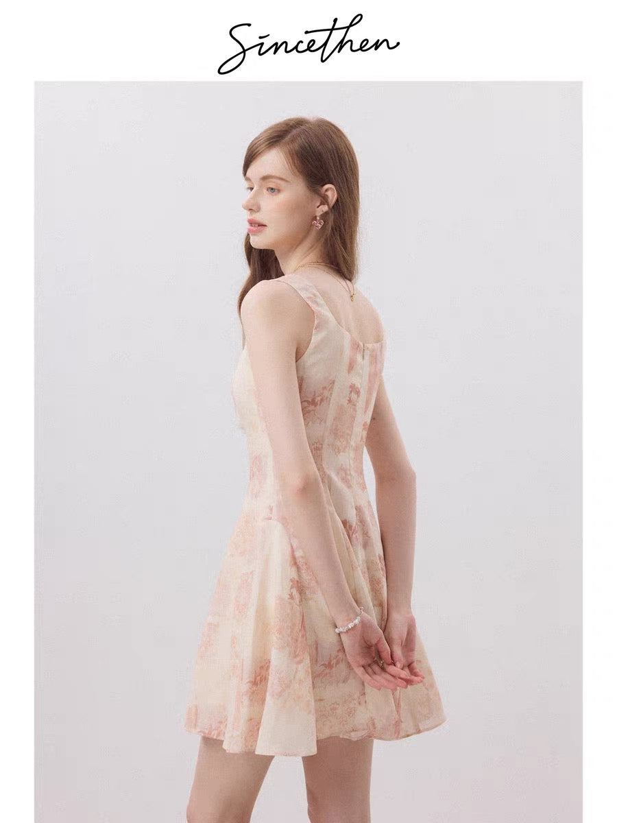 sincethen resort style high-waisted sundress French mini skirt short floral dress women's summer