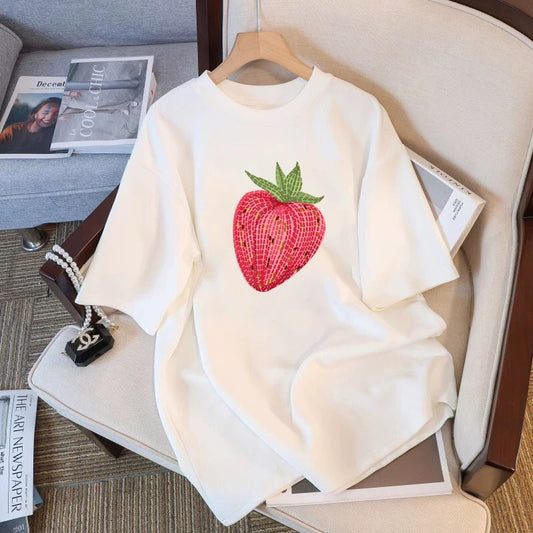 2024 new white cotton short-sleeved T-shirt for women in summer hot style loose large version t-shirt niche design top