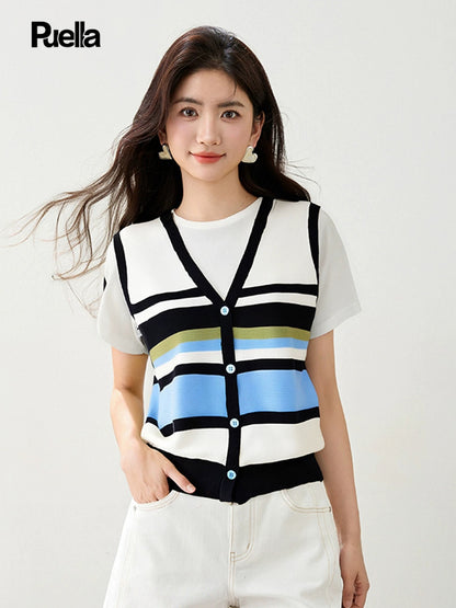 La Chapelle Puella design niche high-end fake two-piece tops for women lazy style versatile short-sleeved T-shirt
