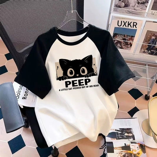 Pure cotton black and white contrasting color short-sleeved t-shirt for women 2024 summer new hot style loose slimming large size raglan sleeve top