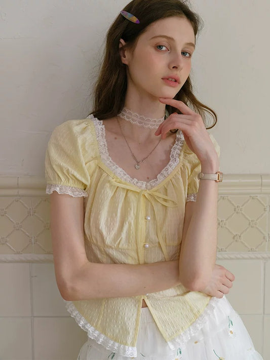 ISISLOVE Summer Pure Desire Creamy Yellow Babydoll Top with Lace Trim Waist-cinching Design - French Style Shirt for Women