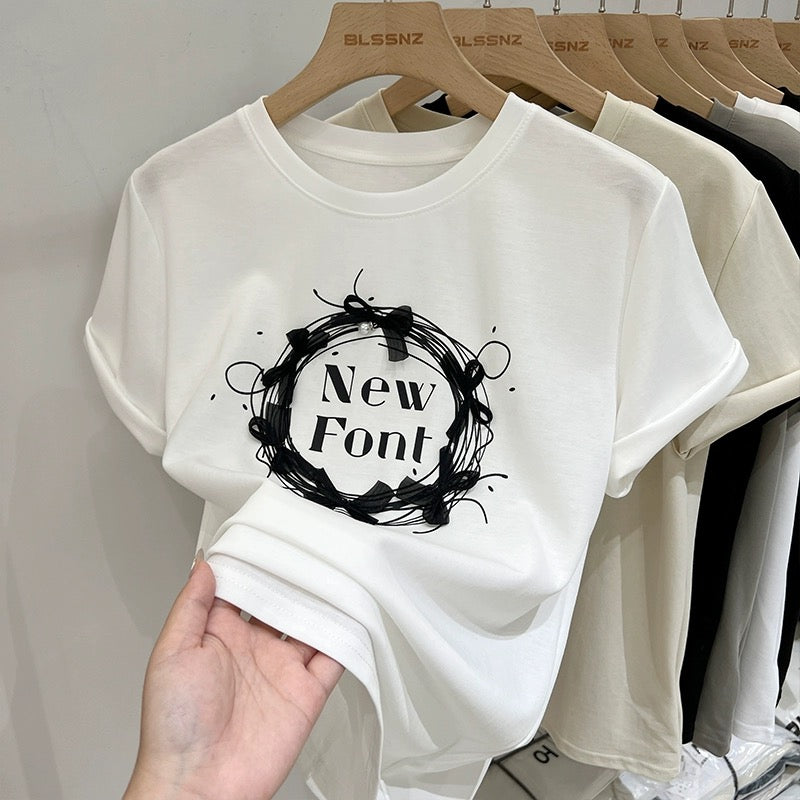 Apricot printed pure cotton right shoulder short-sleeved T-shirt for women summer 2024 new style bow loose short top T-shirt