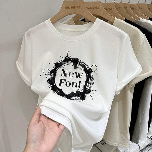 Apricot printed pure cotton right shoulder short-sleeved T-shirt for women summer 2024 new style bow loose short top T-shirt