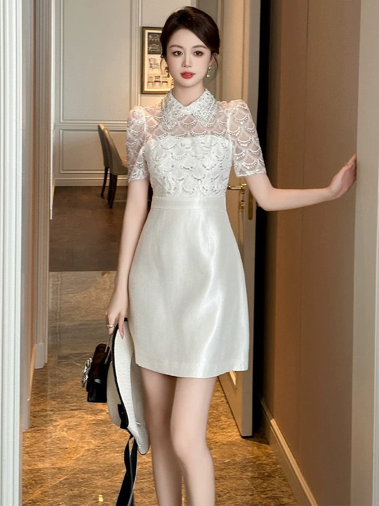 European station white dress for women, summer doll collar, ladylike temperament, high-end luxury, big-name brand satin splicing skirt