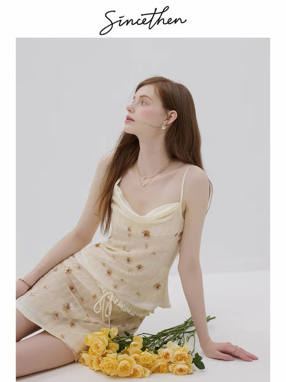 Sincethen French retro style beige short camisole top with a sophisticated and versatile sequined inner layer for women's summer.