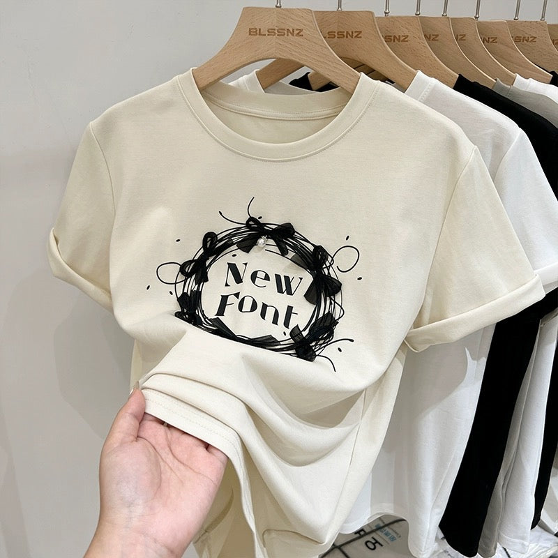Apricot printed pure cotton right shoulder short-sleeved T-shirt for women summer 2024 new style bow loose short top T-shirt