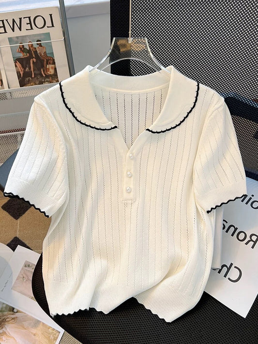 Counters and shopping malls withdraw big-name women's clothing doll collar short-sleeved T-shirts for women in summer, gentle and age-reducing, slimming knitted tops