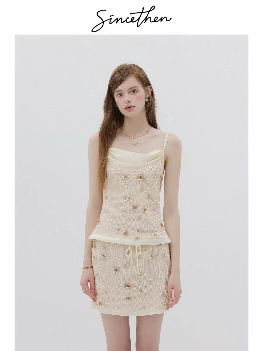 Sincethen French retro style beige short camisole top with a sophisticated and versatile sequined inner layer for women's summer.