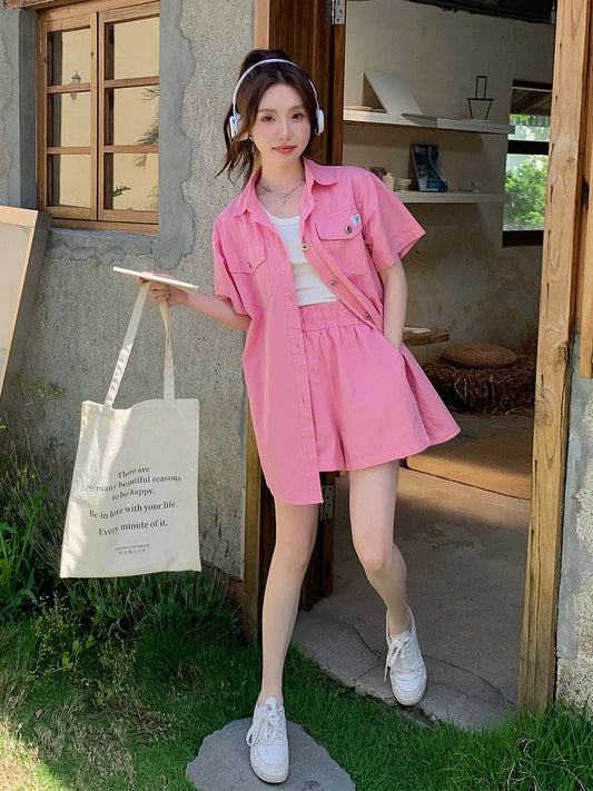 Pink shirt suit for women 2024 summer new dopamine outfit fashionable casual petite shorts two-piece set