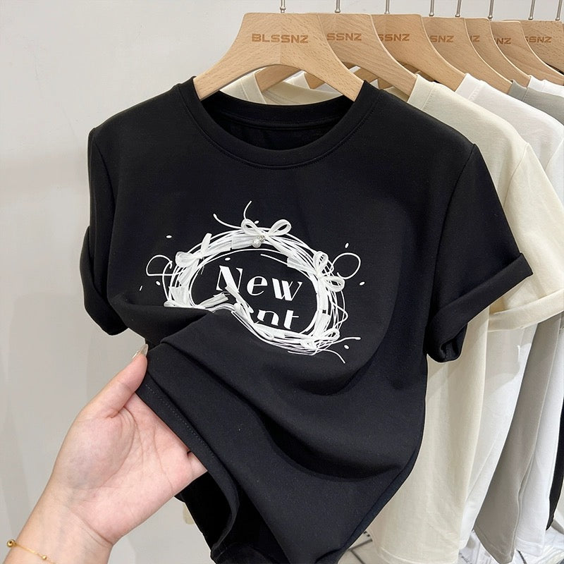 Apricot printed pure cotton right shoulder short-sleeved T-shirt for women summer 2024 new style bow loose short top T-shirt