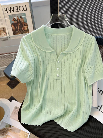 Counters and shopping malls withdraw big-name women's clothing doll collar short-sleeved T-shirts for women in summer, gentle and age-reducing, slimming knitted tops