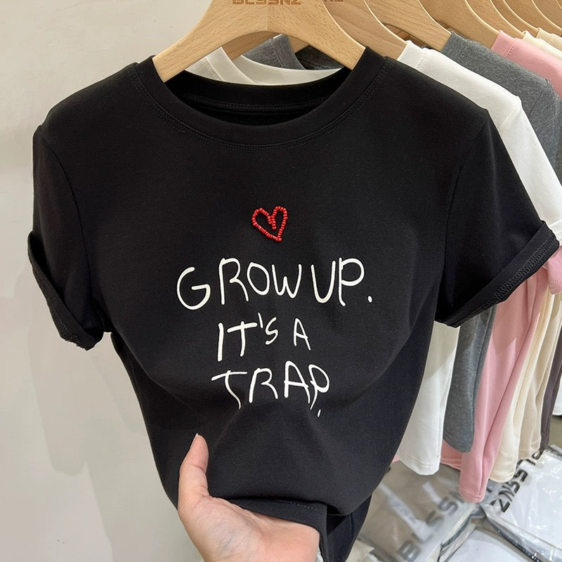 Gray love letters printed right shoulder short-sleeved T-shirt for women summer 2024 new style pure cotton round neck short top trendy